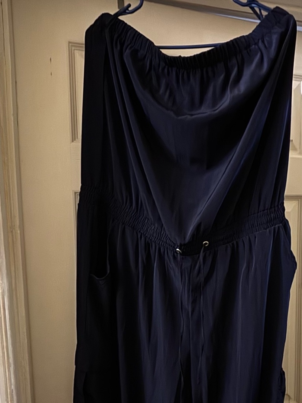 New York & Company Navy Strapless Cargo Drawstring Jumpsuit